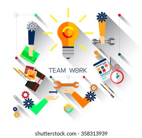 Set of bright flat design icons for business, finance, consulting, management, team work, analysis, strategy and planning, startup. With shadows on white background.