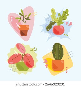 A set of bright flat indoor plants. Painted plants with geometric shapes.