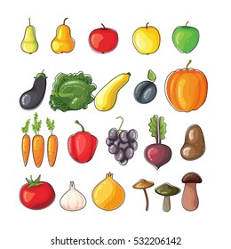 Set of bright flat vector fruits and vegetables. Fresh organic healthy food. Vegetarian set