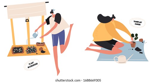 
Set of bright flat vector illustrations with girls on the topic of weekend work and home gardening