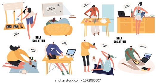 Set of bright flat vector illustrations with people in self-isolation at home. Vector illustrations of everyday activities.