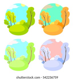 Set of bright flat vector natural backgrounds. Four seasons in nature - summer, winter, fall, spring. 4 times of the year
