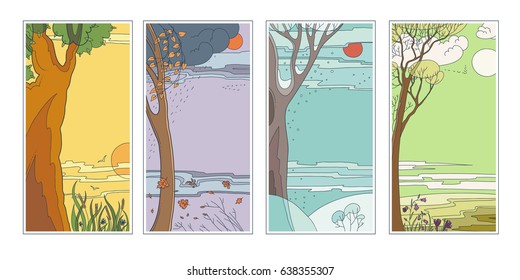 Set bright flat vector natural backgrounds. Four seasons. Hot summer day, rainy autumn falling leaves, frosty snowy winter twilight in the forest and sun flower fields. Landscape at 4 times the year.