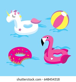 set of bright floats in the pool ( unicorn, flamingo, doughnut, ball)