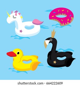 set of bright floats in the pool ( unicorn, black swan, doughnut, duck)