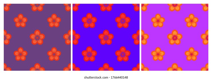Set of bright floral seamless patterns. Repeat geometric botanical patterns with staggered flowers. Chess grid order. Vector illustration.