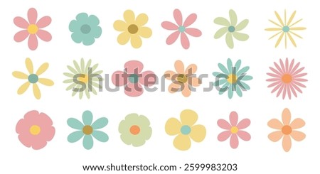 Set of bright flowers, collection of differently colored flowers, flower heads, buds. Collection of abstract flowers in minimalist style.