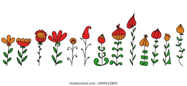 Set of bright flowers in doodle style, hand-drawn flowering plants vector illustration for making cards, design and creativity