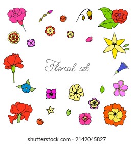 Un conjunto de flores brillantes dibujadas a mano, flores divertidas de verano.