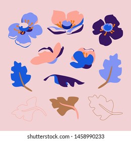 set of bright flowers and leaves. vector illustrations for stickers, invitations, postcards and other materials.