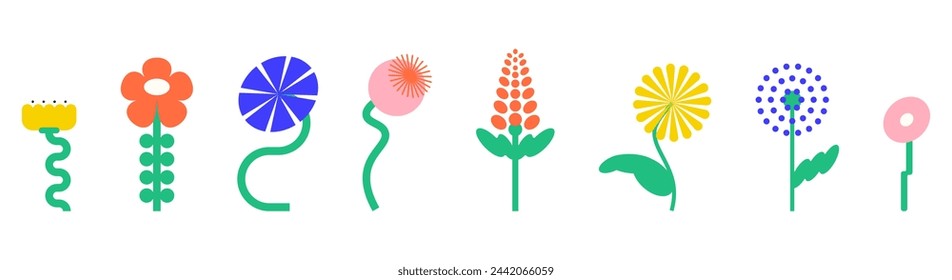 A set of bright flowers on a white background. In the style of geometric art. Brutalist design of vector flowers. The aesthetics of Swiss design. Bauhaus style