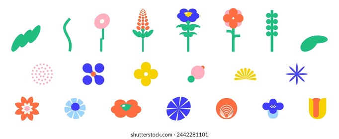 A set of bright flowers on a white background. In the style of geometric art. Brutalist design of vector flowers. The aesthetics of Swiss design. Bauhaus style