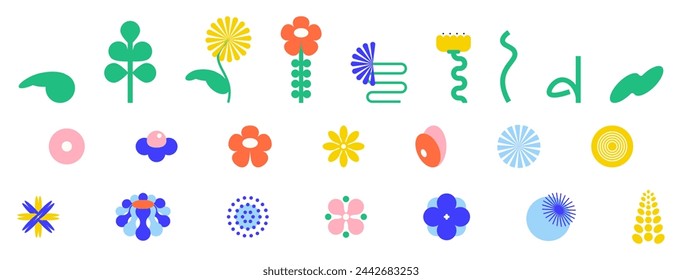 A set of bright flowers on a white background. In the style of geometric art. Brutalist design of vector flowers. The aesthetics of Swiss design. Bauhaus style