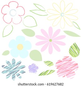 A set of bright flowers painted in different ways for summer or spring design