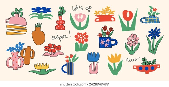 Set of bright flowers. Stickers, bright advertising, posters. Colorful illustrations of flowers for covers, interior paintings. Vector illustration.