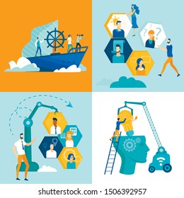 Set Bright Flyer Idea Building, Cartoon Flat. Banner Period Time for Certain Actions and Changes. People Float on Ship. Man and Woman make Design from Honeycombs. Vector Illustration.