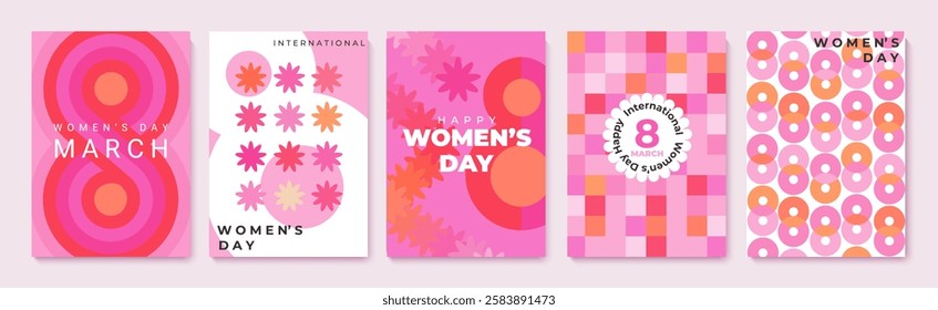 Set bright flyers for International Women's Day in pink colors. Greeting cards for March 8, holiday patterns.Festive templates for International Women's Day,holiday graphic design. Vector illustration