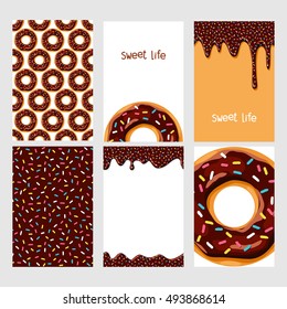 Set of bright food cards. Set of donuts with chocolate glaze.  Seamless pattern, background, card, poster. Template for design.