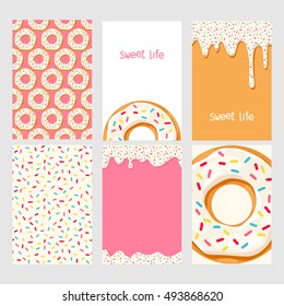 Set of bright food cards. Set of donuts with white glaze.  Seamless pattern, background, card, poster. Template for design