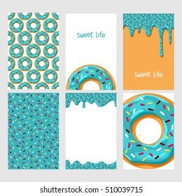 Set of bright food cards. Set of donuts with mint glaze. Seamless pattern, background, card, poster. Template for design