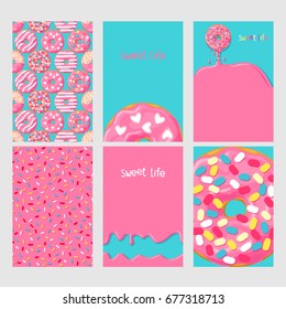 Set of bright food cards. Set of donuts with pink glaze. seamless pattern, background, card, poster.