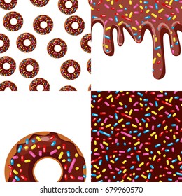 Set of bright food cards. Set of donuts with dark glaze. Donut seamless pattern, background, card, poster. Donut's glaze pattern, background. Template for design.