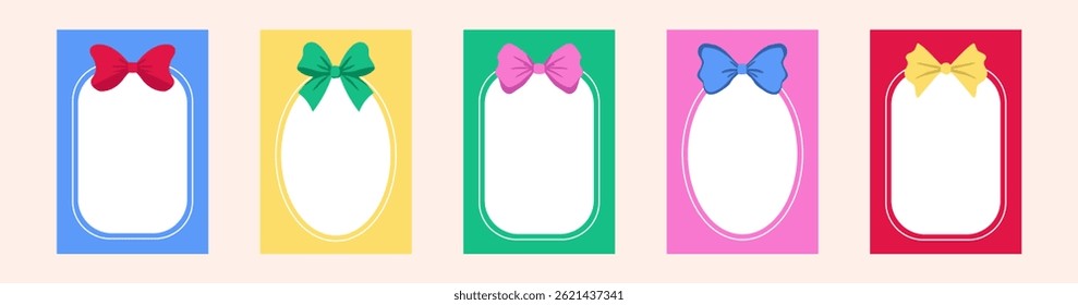Set of bright frames with bows and space for text, for decorating postcards, holidays, birthdays. Vector.