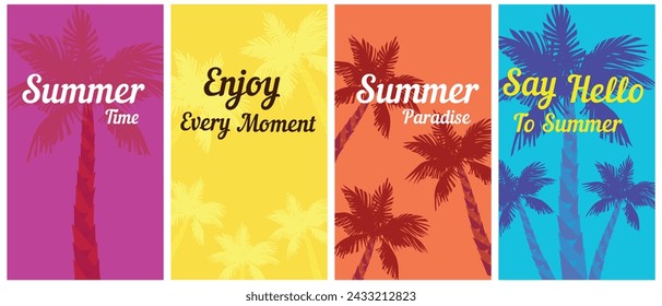 Un conjunto de marcos luminosos con palmeras, con el concepto de verano e inscripciones positivas. Diseño de volantes, banners, tarjetas, carteles. Fondo de verano con una atmósfera positiva.