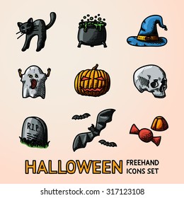 Set of bright freehand HALLOWEEN icons -pumpkin, witch hat, cauldron, skull, cat, grave, candy, ghost, bats. Vector