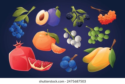 Set of bright fresh fruits and berries. Collection of vector isolated cartoon illustrations.