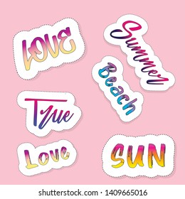 Set of bright, fun, trendy modern, summer stickers, vector. suitable for use on laptops, walls, glasses, notebooks, etc.