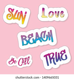 Set of bright, fun, trendy modern, summer stickers, vector. suitable for use on laptops, walls, glasses, notebooks, etc.