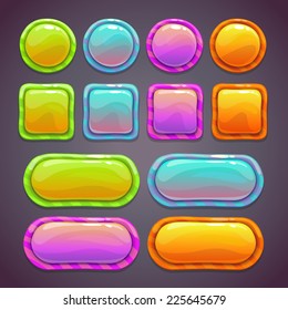 Set of bright funny buttons with different shapes and colors, beautiful fluorescent elements for web or game ui design