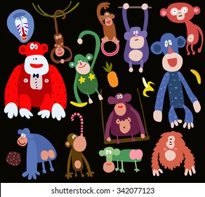 Set with bright funny monkeys on the black background