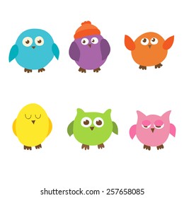 Set of bright funny owls. Six different characters.