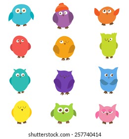 Set of bright funny owls. Twelve different characters.