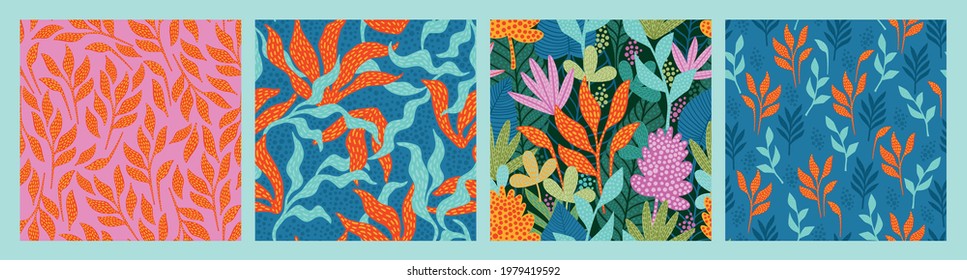 Set of bright funny seamless patterns with abstract leaves. Vector design for paper, cover, fabric, interior decor and other users.