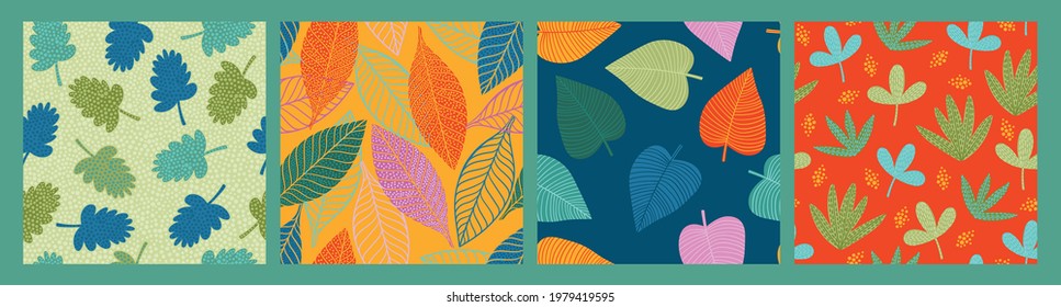 Set of bright funny seamless patterns with abstract leaves. Vector design for paper, cover, fabric, interior decor and other users.