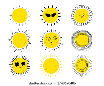 Set of bright funny suns with different characters. Elements for summer design.