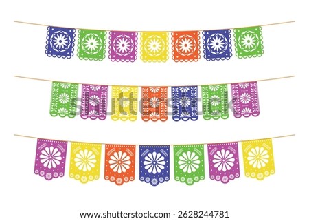 Set of bright garlands with flags for Mexican holidays. Colored paper papel picado. Isolated vector illustration.