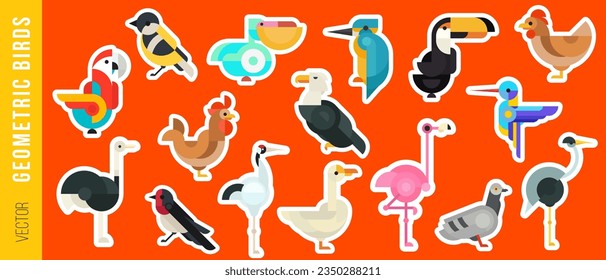 Set bright geometric banner, sticker, patch or badge with birds in minimal mosaic fashion style. Collection simple retro design elements. Batch vintage vector illustration.