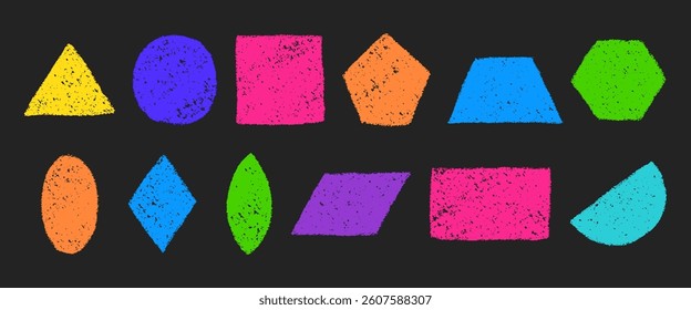 Set of bright geometric figures in hand drawn childish style. Charcoal or crayon textured shapes. Colorful vector illustrations on a black background