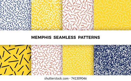 Set of bright geometric memphis patterns with wavy lines, triangles, circles, zig zags. 80s and 90s graphic design style. Vector seamless backgrounds.
