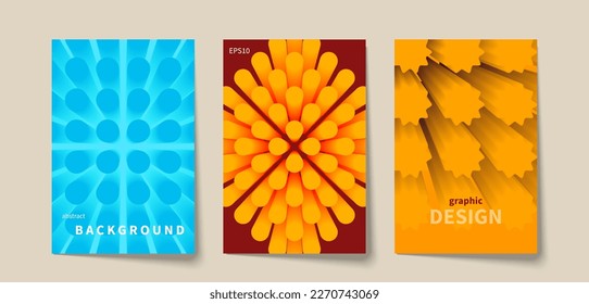 Set of bright geometric posters, covers of annual reports. Geometric abstract backgrounds with 3d circles and stars for brochure, catalog, booklet