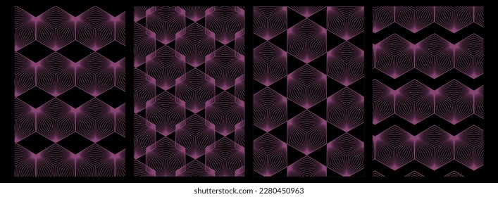 Set of bright geometric retro hexagons in neon purple color. Retrowave, synthwave, rave, vaporwave. 2000s retro style fashion. Print, poster, banner.