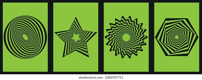 Set of bright geometric retro shapes in acid color. Psychedelic posters, hallucinations, hypnosis. Print, poster, banner.