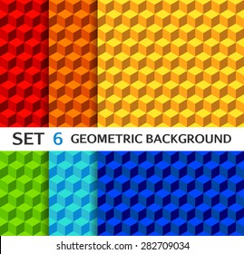 Set of bright geometric seamless backgrounds with cubes. Vector illustration