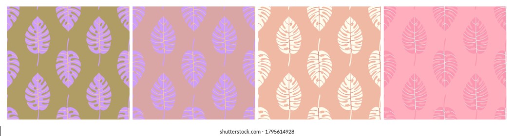 Set of bright geometric seamless patterns with vertical rows of monstera tropical leaves with veins. Repeat symmetrical botanical patterns. Vector illustration.