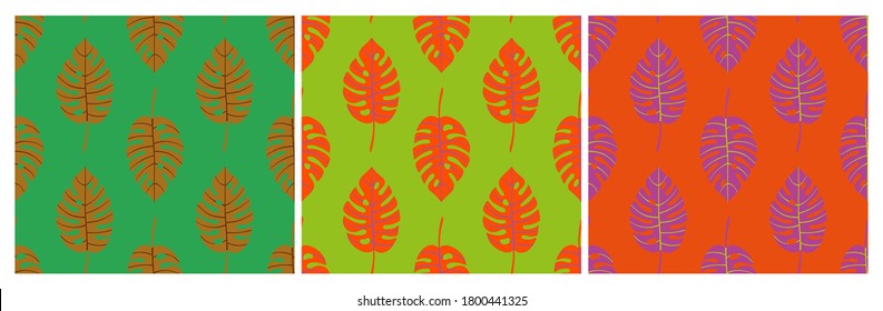 Conjunto de patrones geométricos brillantes sin costura con hileras verticales de hojas tropicales monstera con venas. Repetir patrones botánicos simétricos. Ilustración vectorial.