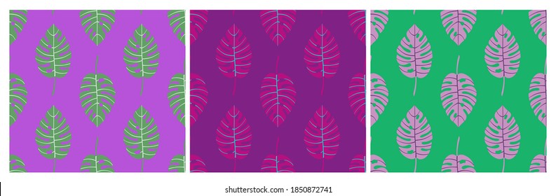 Set of bright geometric seamless patterns with vertical rows of monstera tropical leaves with veins. Repeat symmetrical botanical patterns. Vector illustration.